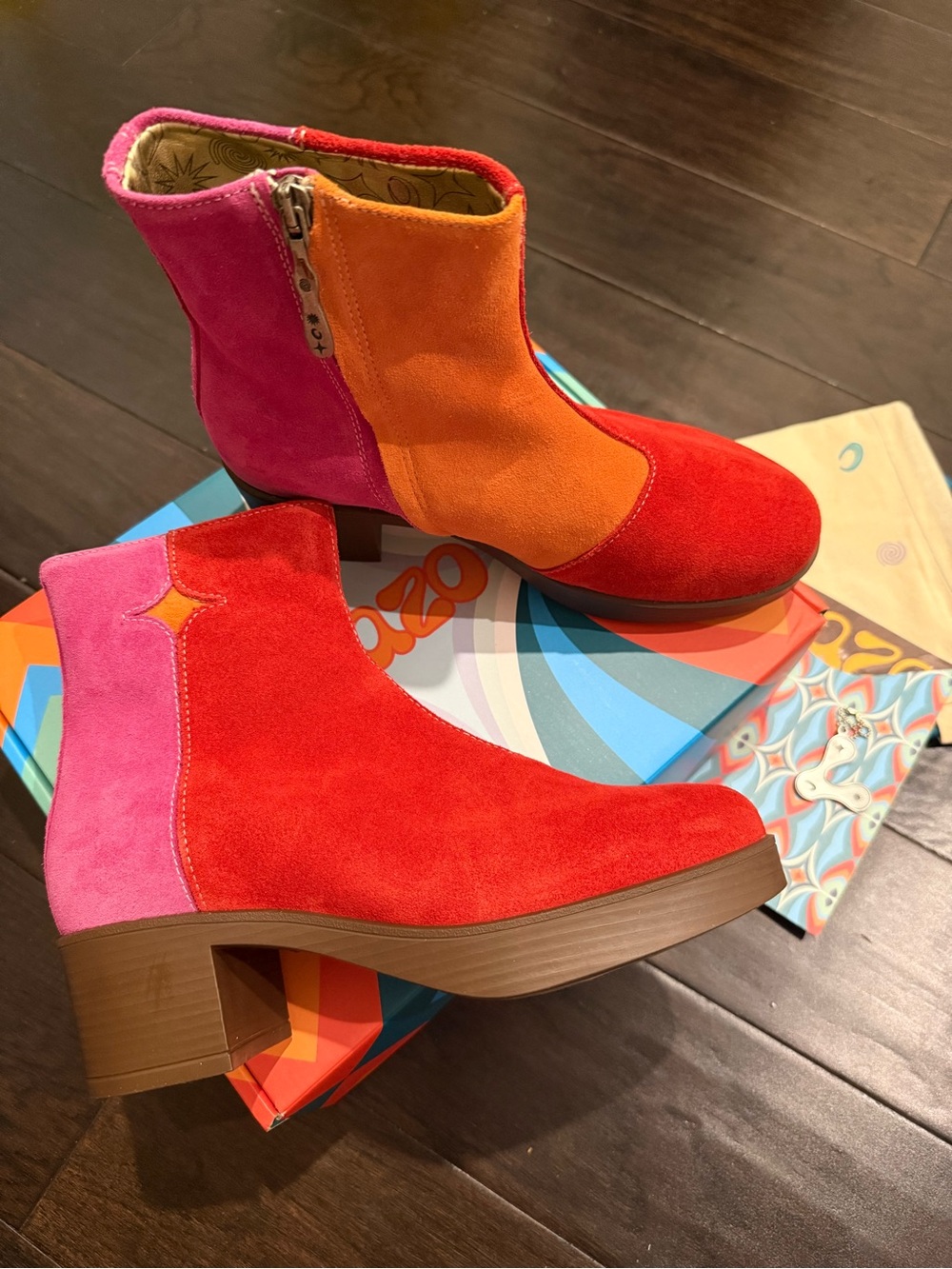 Vibrant Colorblock Suede Ankle Booties in Red, Orange & Pink